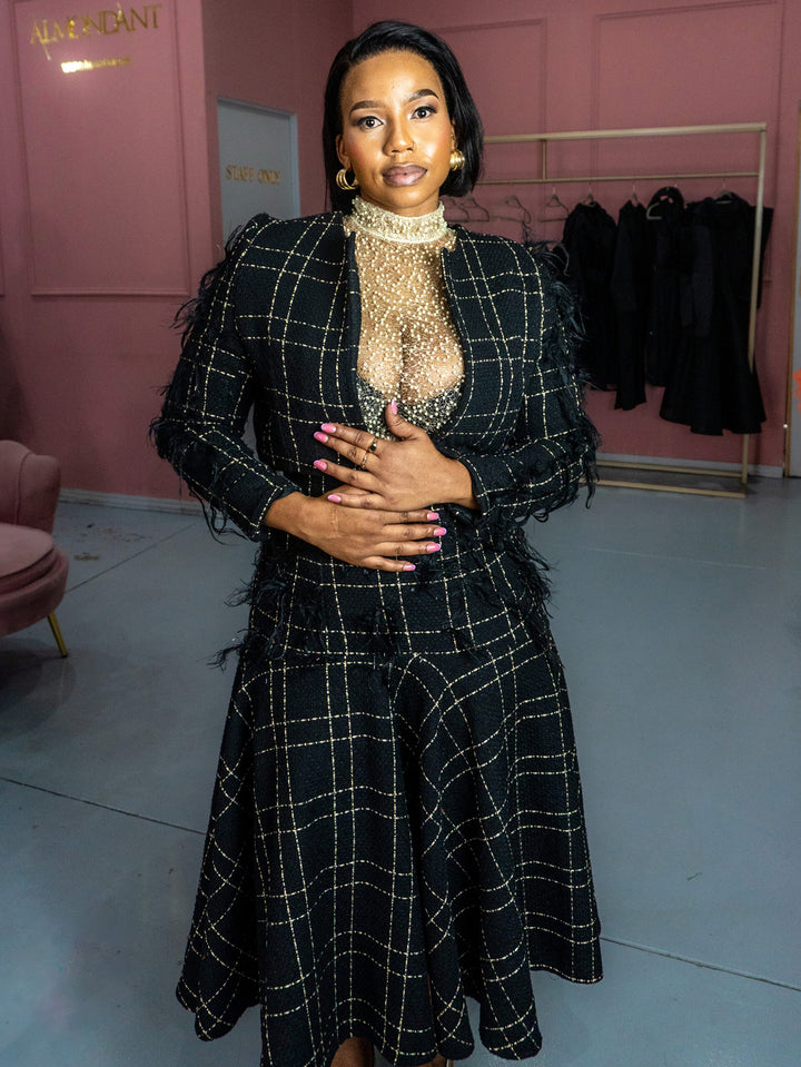 Stylish Plaid Feather Blazer & Skirt Set 