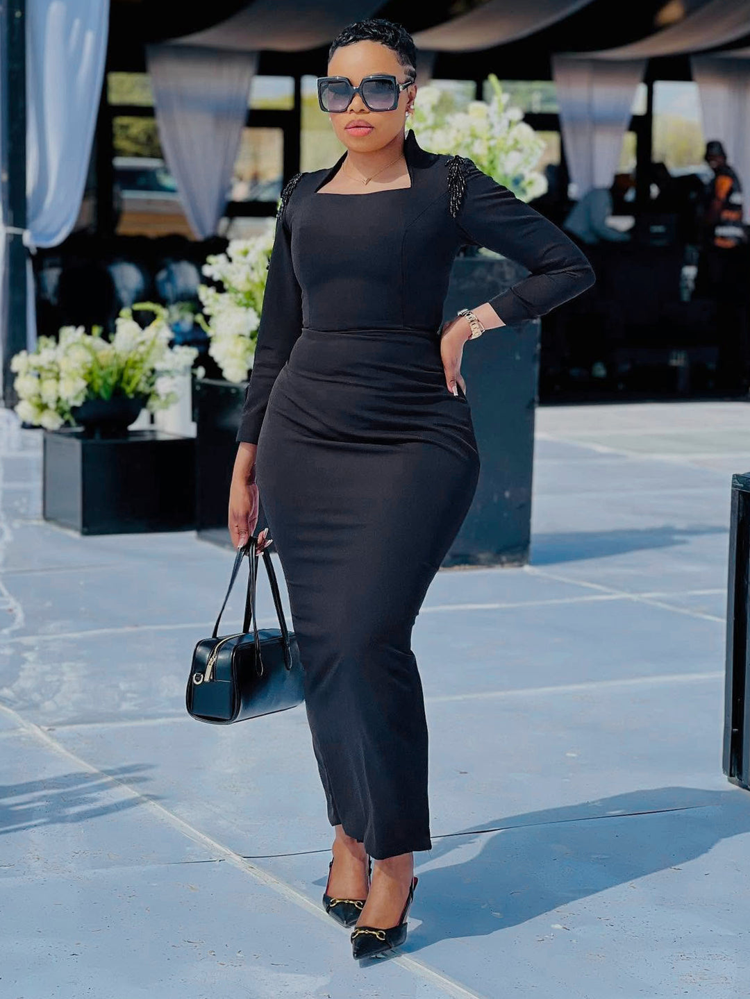 Elegant Sequin Shoulder Tailored Dress