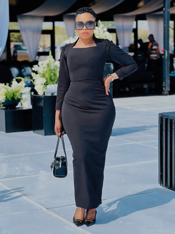 Elegant Sequin Shoulder Tailored Dress