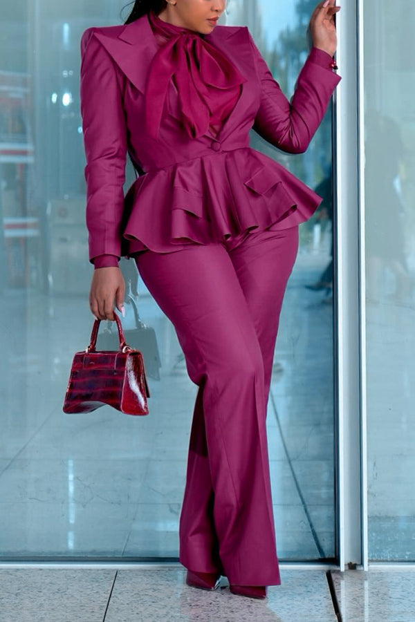 Stylish Ruffle Hem Peak Collar Blazer & Pants Set