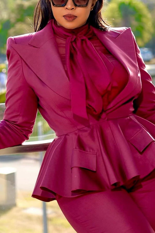 Stylish Ruffle Hem Peak Collar Blazer & Pants Set