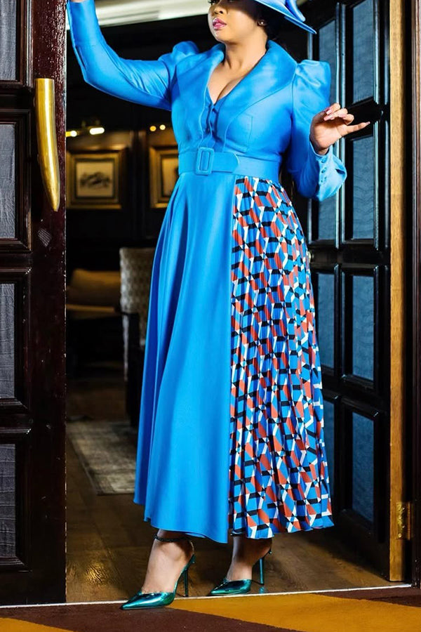 Chic Lapel Collar Contrast Graphic Print Dress 