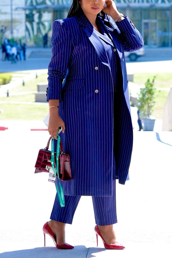 Chic Striped Lapel Collar Coat & Vest Pants Three Set 