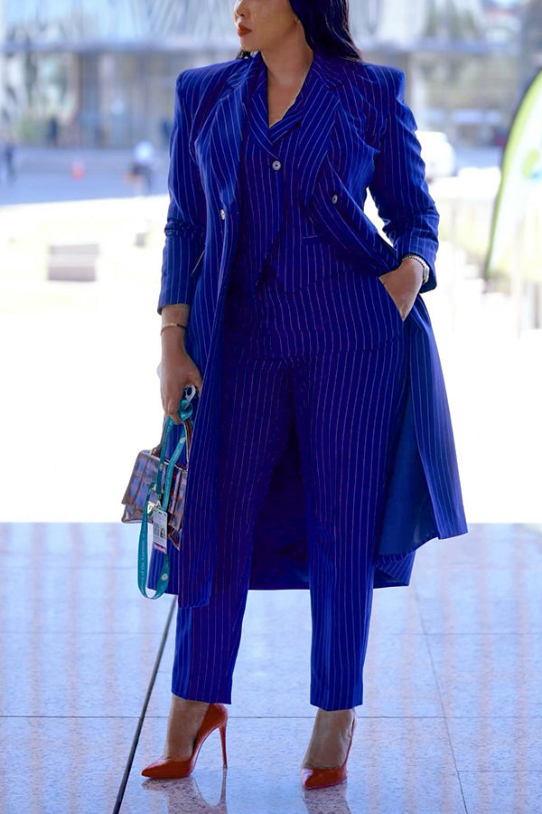 Chic Striped Lapel Collar Coat & Vest Pants Three Set 