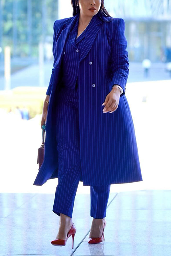 Chic Striped Lapel Collar Coat & Vest Pants Three Set 