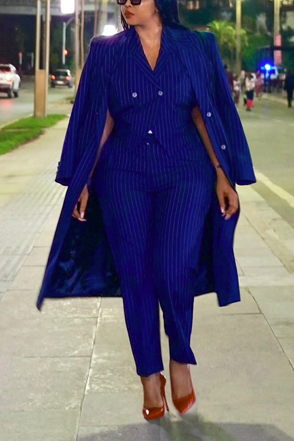 Chic Striped Lapel Collar Coat & Vest Pants Three Set 