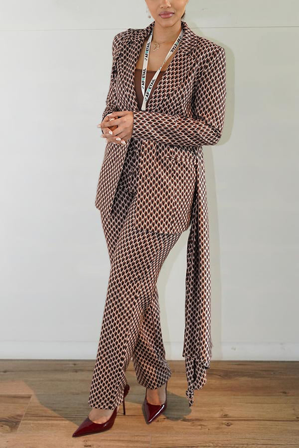 Retro Allover Print Lapel Collar Blazer & Pants Set