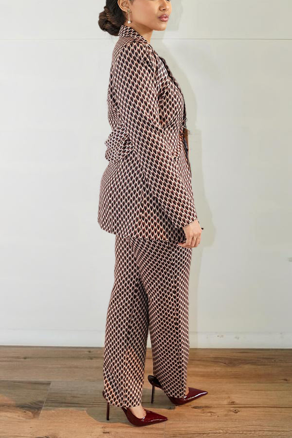 Retro Allover Print Lapel Collar Blazer & Pants Set