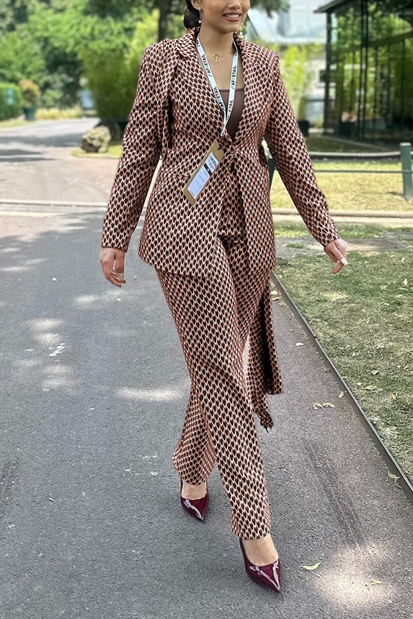 Retro Allover Print Lapel Collar Blazer & Pants Set