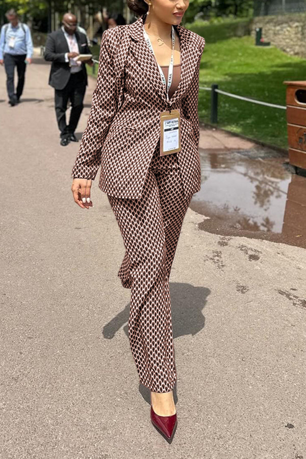Retro Allover Print Lapel Collar Blazer & Pants Set
