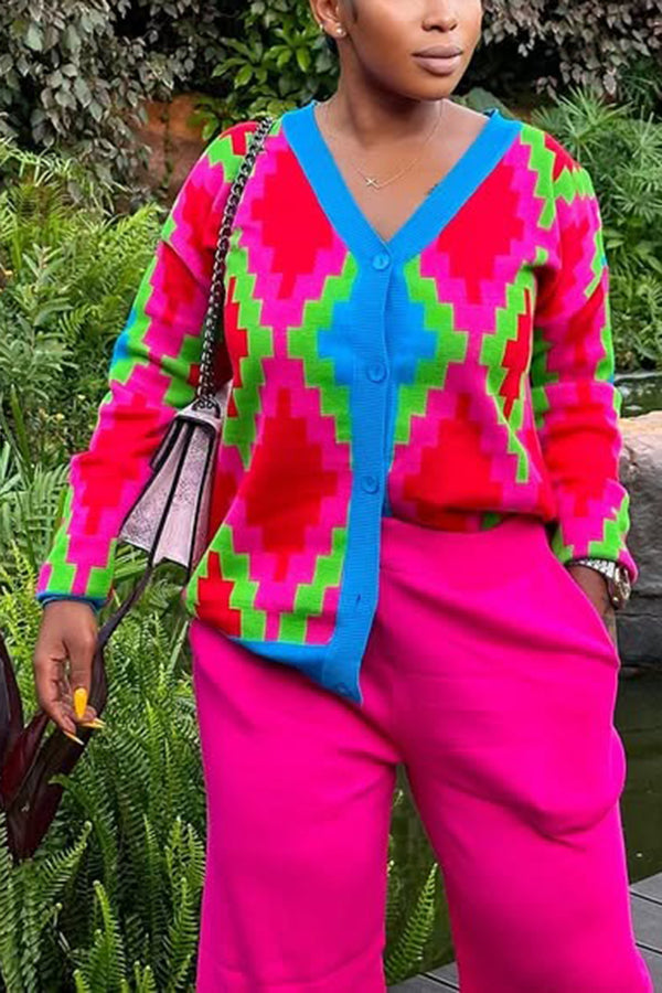 Chic Colorblock Graphic Print Cardigan
