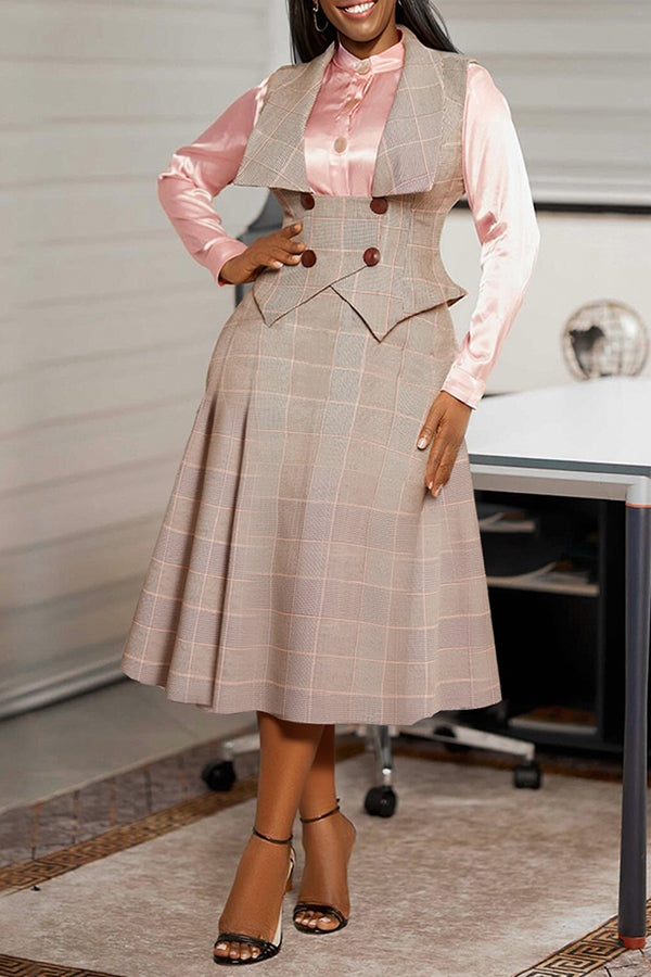 Classic Plaid Lapel Vest & Skirt Set