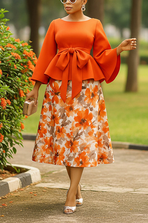 Stunning Bow Decor Blouse & Floral Print Skirt Set