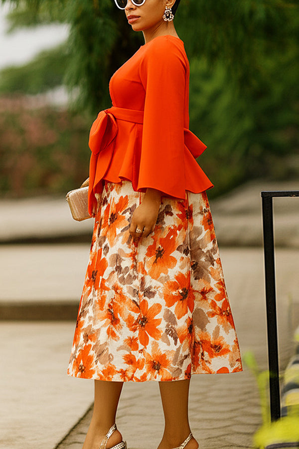 Stunning Bow Decor Blouse & Floral Print Skirt Set