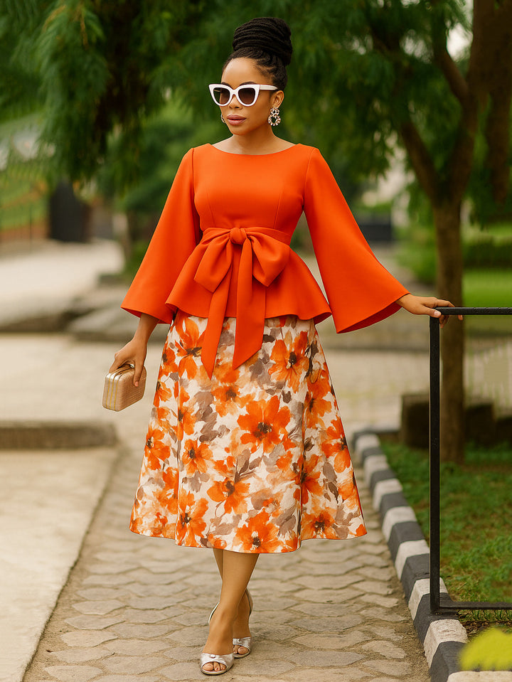 Stunning Bow Decor Blouse & Floral Print Skirt Set