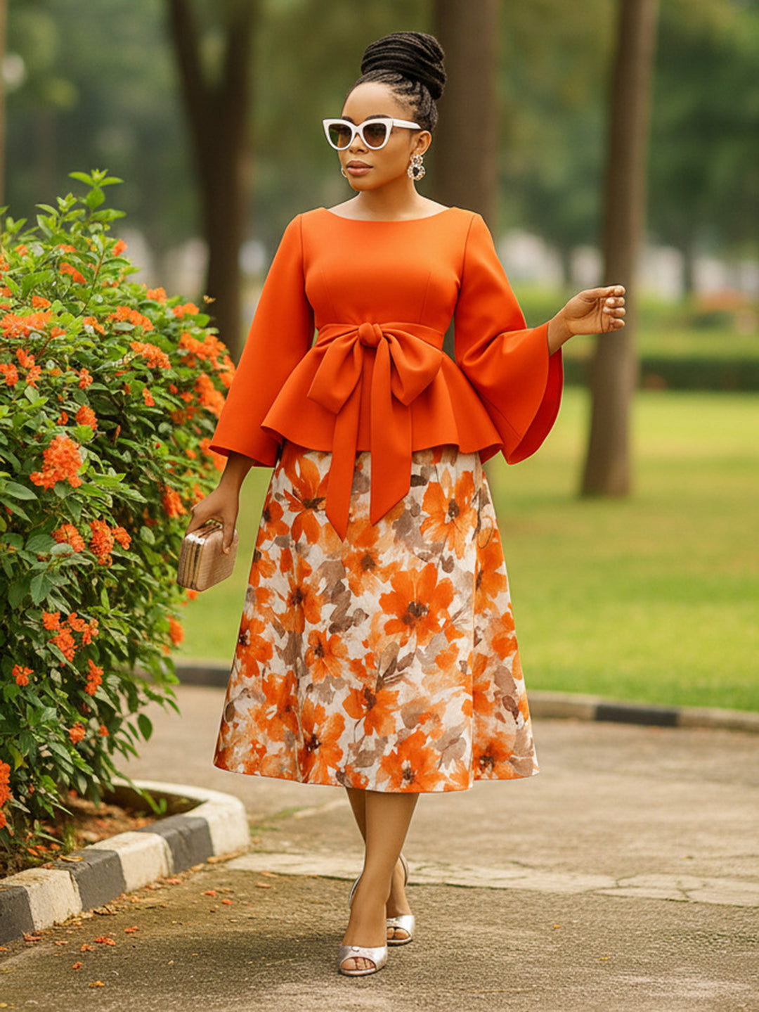 Stunning Bow Decor Blouse & Floral Print Skirt Set