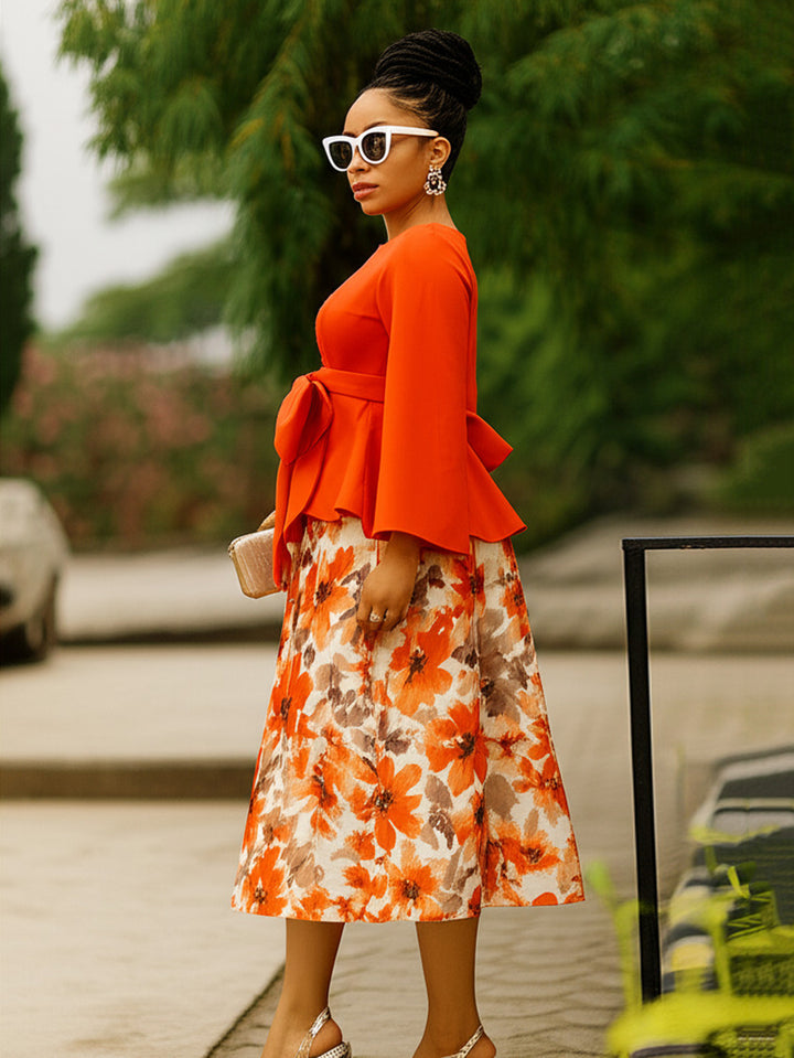 Stunning Bow Decor Blouse & Floral Print Skirt Set