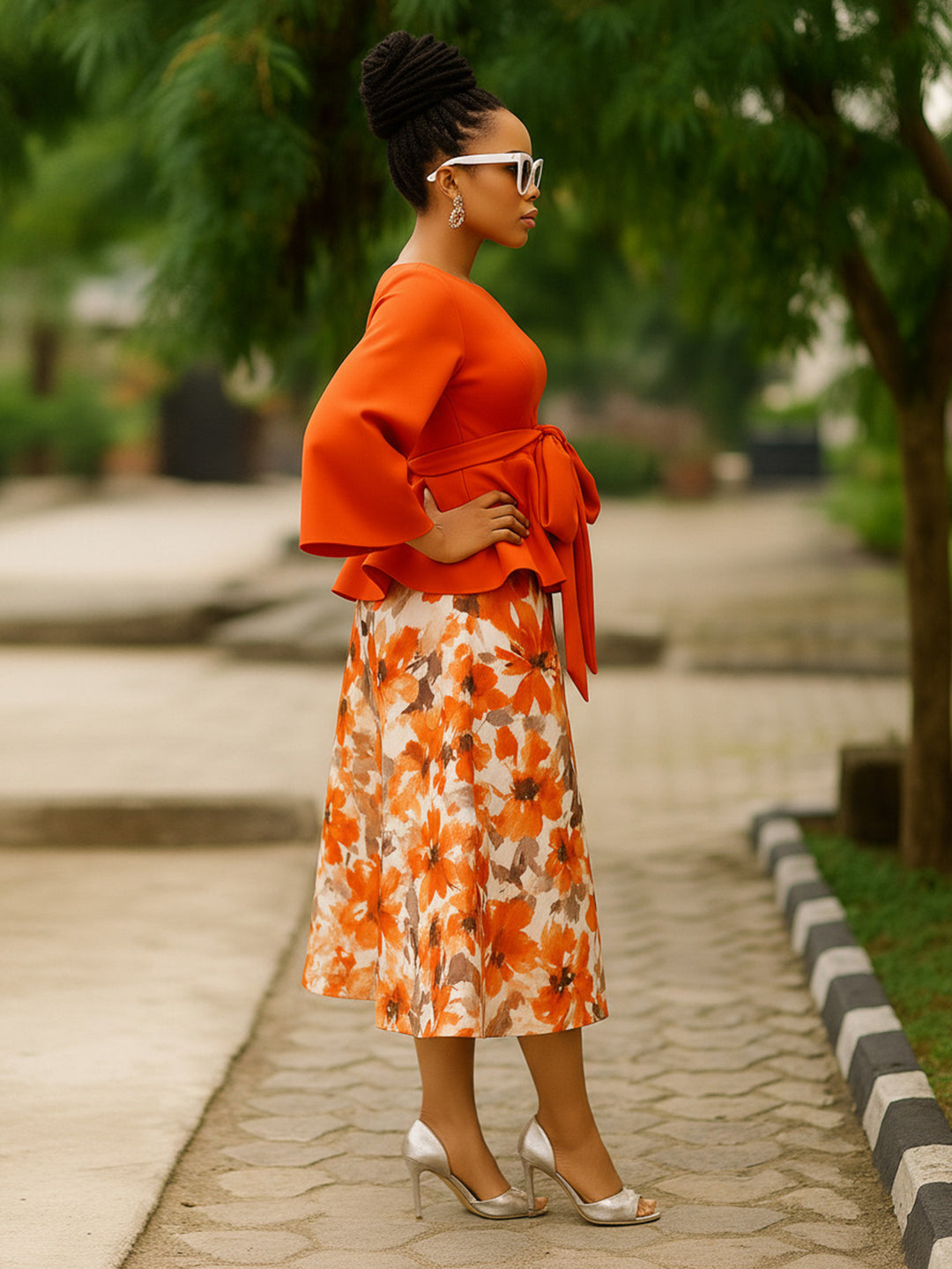 Stunning Bow Decor Blouse & Floral Print Skirt Set