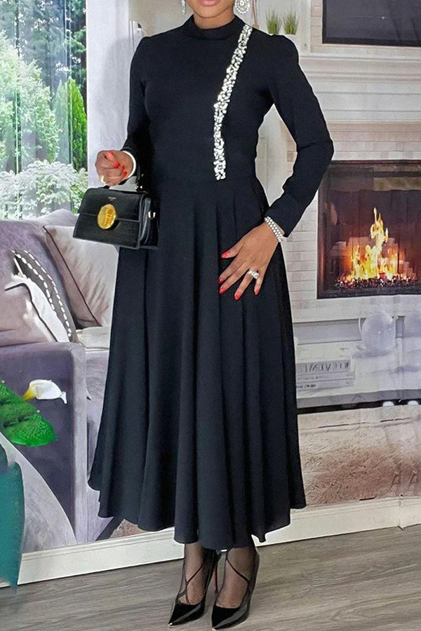 Vintage Ruffle Hem Rhinestones  A-line Dress