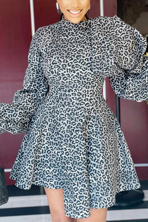 Retro Leopard Print Lantern Sleeve Dress