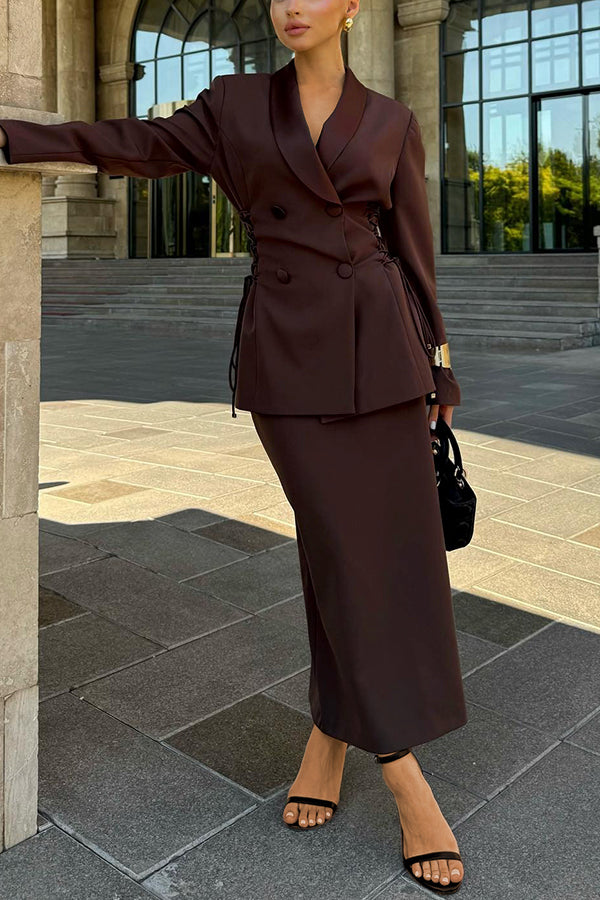 Vintage Shawl Collar Lace Up Blazer & Skirt Set