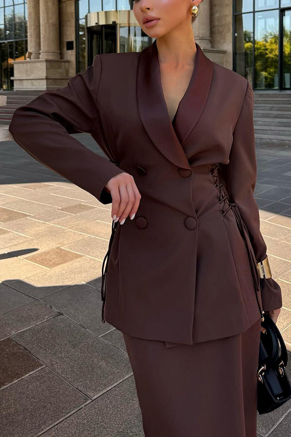Vintage Shawl Collar Lace Up Blazer & Skirt Set