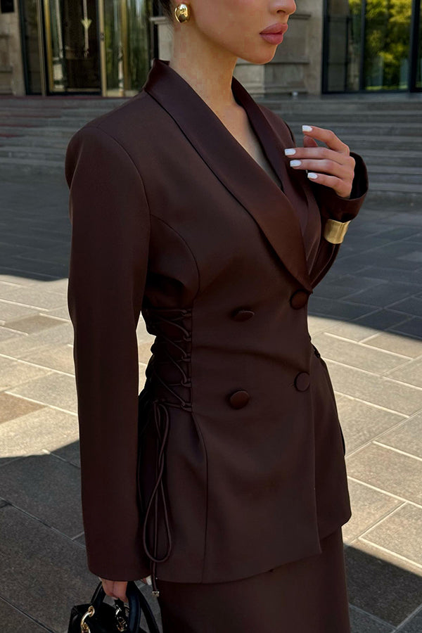 Vintage Shawl Collar Lace Up Blazer & Skirt Set