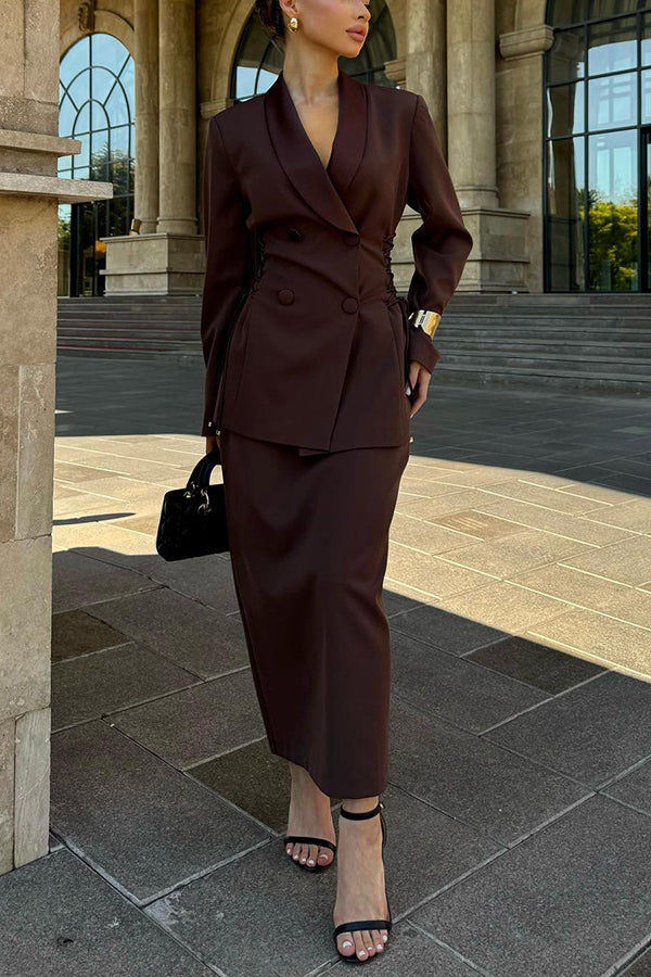 Vintage Shawl Collar Lace Up Blazer & Skirt Set