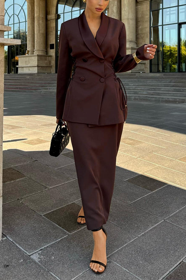 Vintage Shawl Collar Lace Up Blazer & Skirt Set