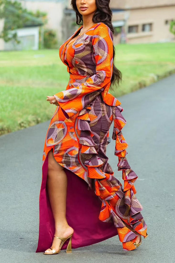 Luxury V-Neck Figure Graphic Side Draped Dress