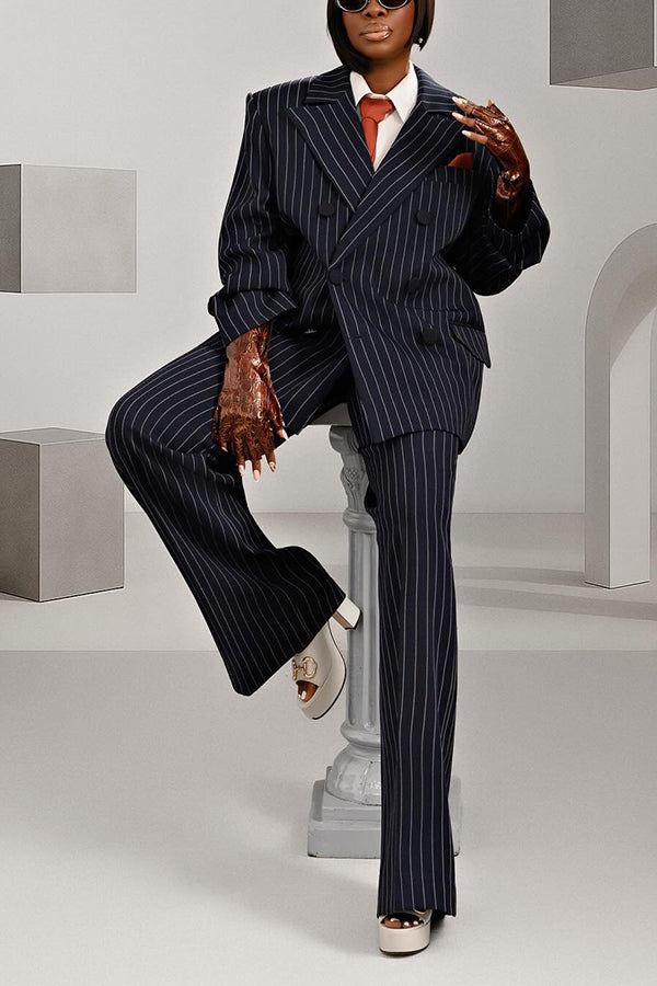 Fashion Striped Lapel Collar Blazer & Pants Set