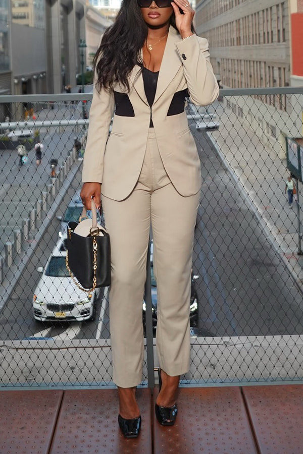 Retro Colorblock Peak Collar Blazer & Pants Set