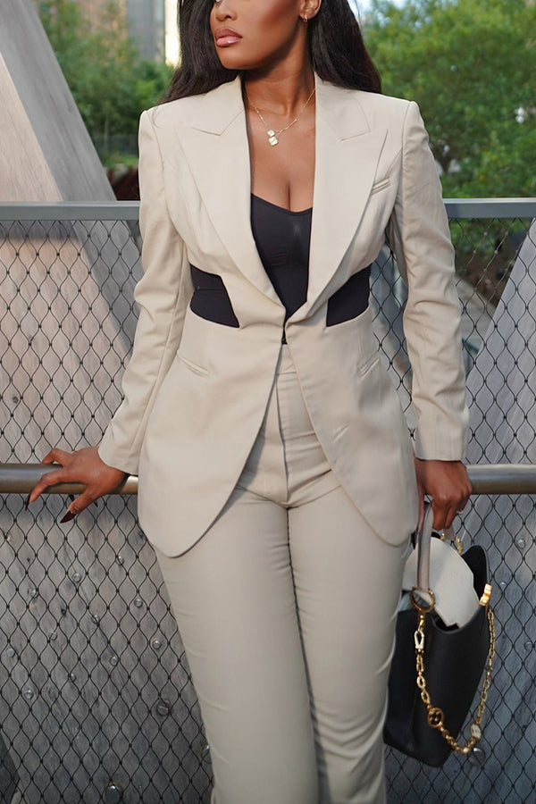 Retro Colorblock Peak Collar Blazer & Pants Set