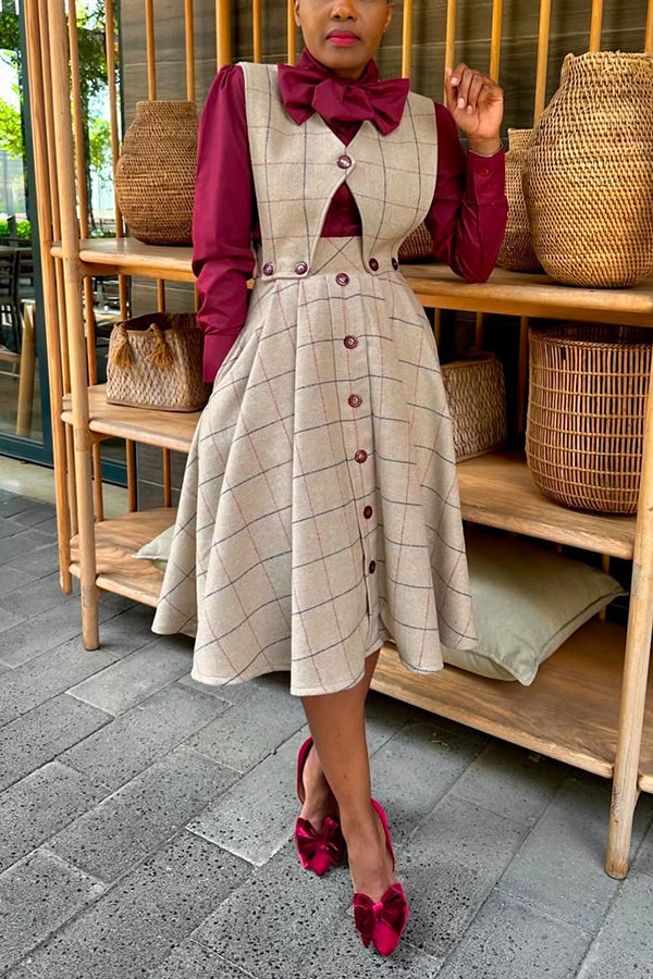 Vintage Plaid Vest & Single Breasted Skirt Set