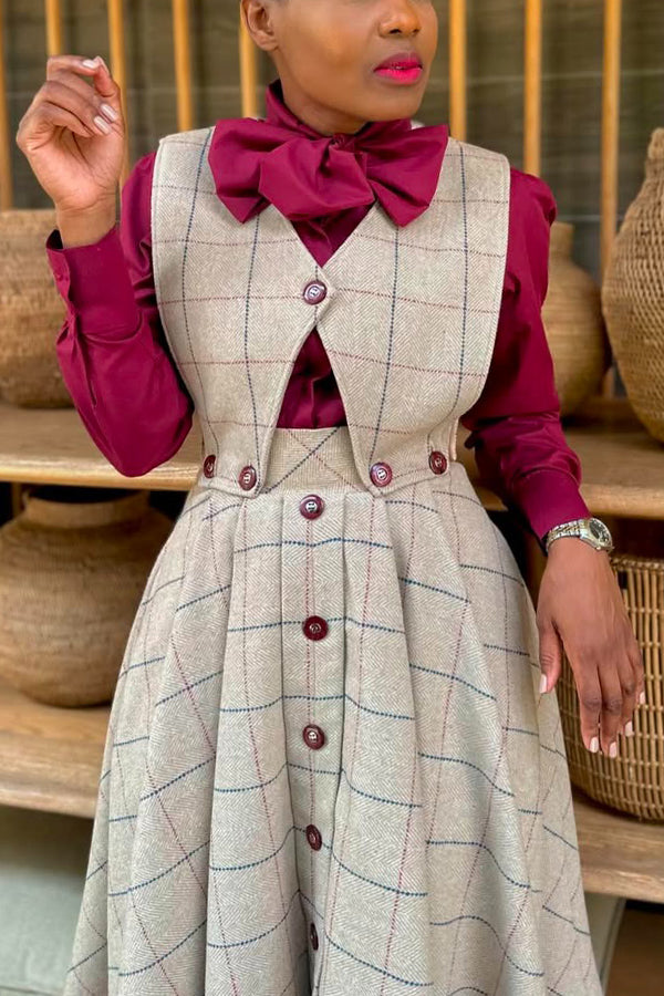 Vintage Plaid Vest & Single Breasted Skirt Set