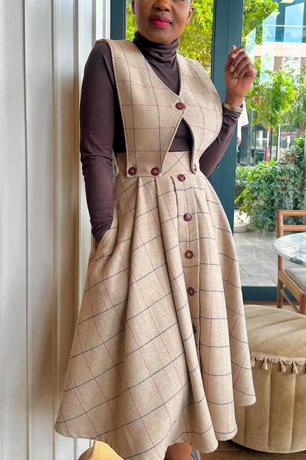 Vintage Plaid Vest & Single Breasted Skirt Set