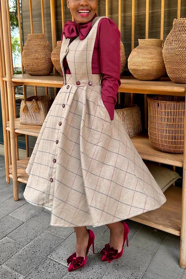Vintage Plaid Vest & Single Breasted Skirt Set