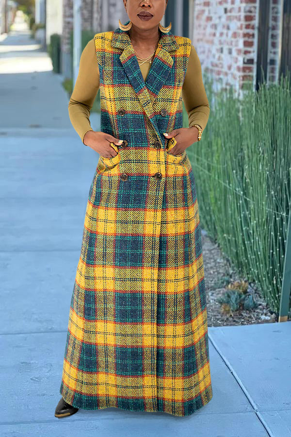 Stylish Plaid Double Breasted Sleeveless Outerwear