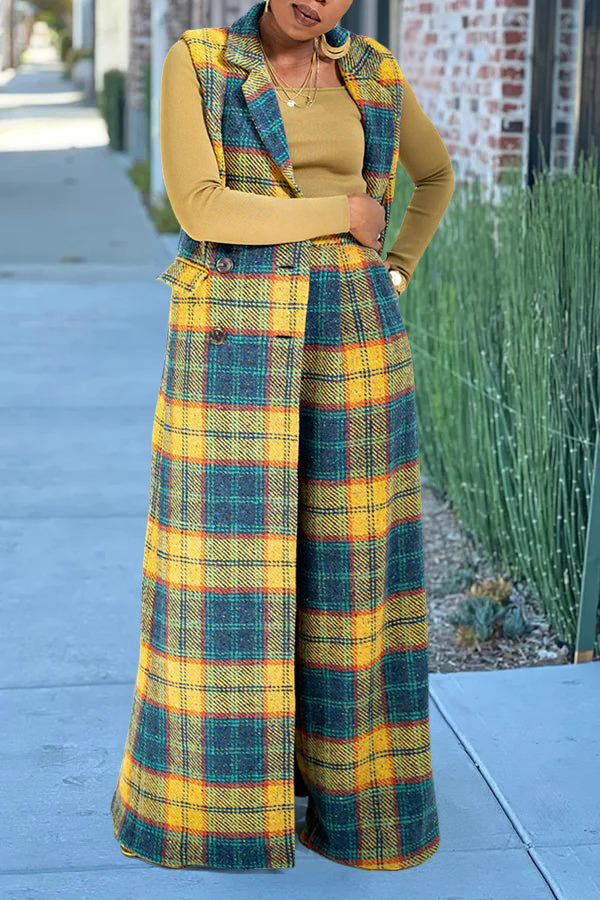 Stylish Plaid Double Breasted Sleeveless Outerwear