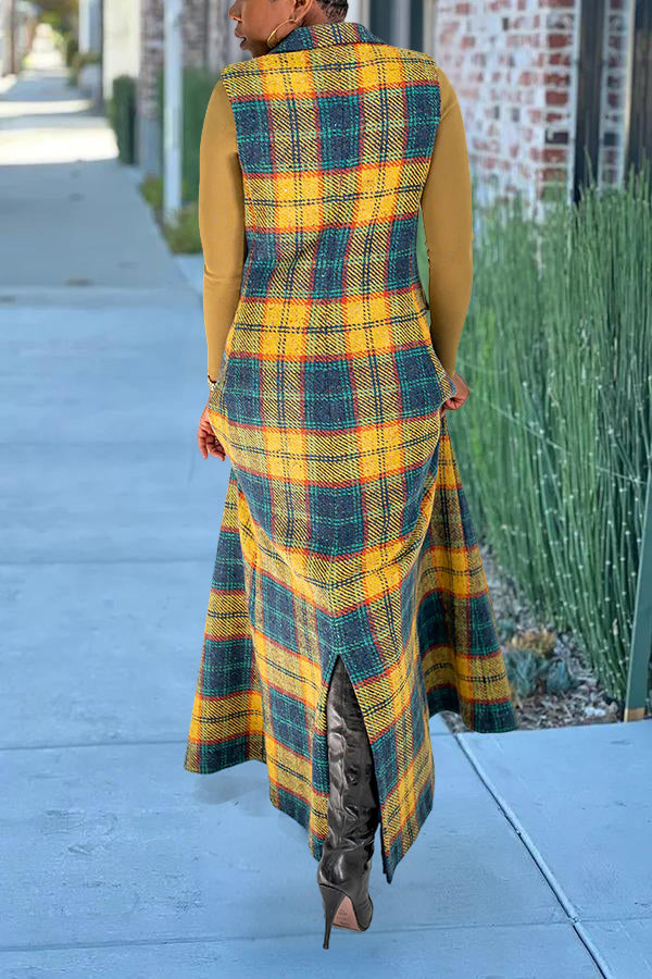 Stylish Plaid Double Breasted Sleeveless Outerwear