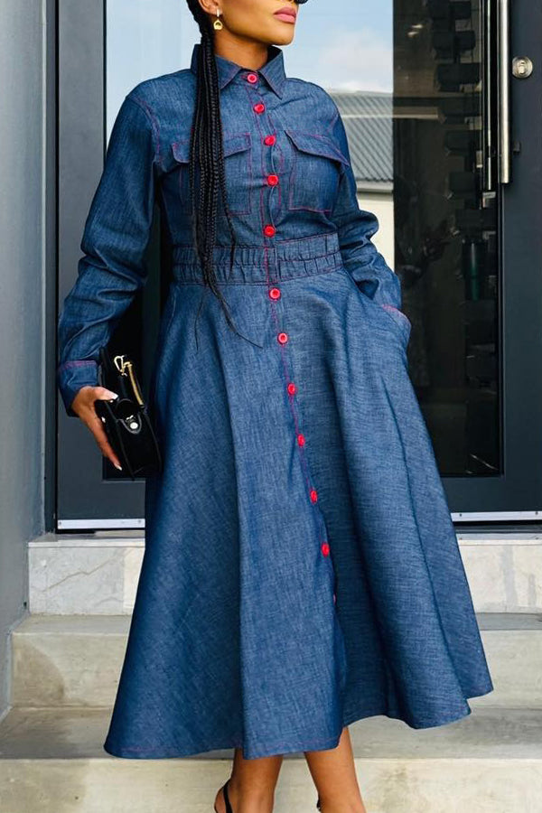 Retro Contrast Single Breasted Shirt Dress