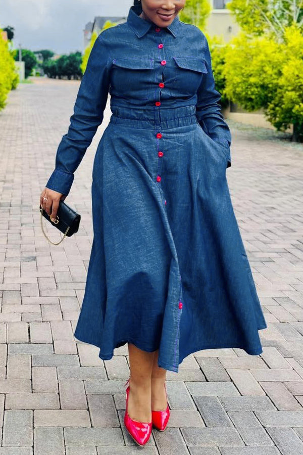 Retro Contrast Single Breasted Shirt Dress