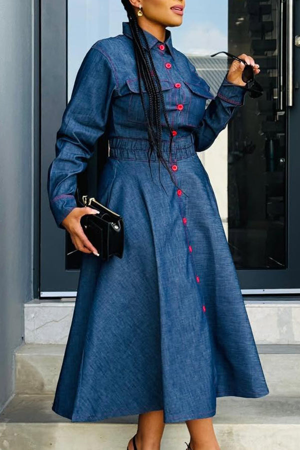 Retro Contrast Single Breasted Shirt Dress