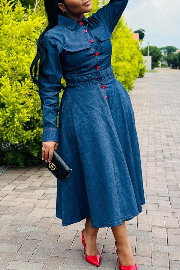 Retro Contrast Single Breasted Shirt Dress