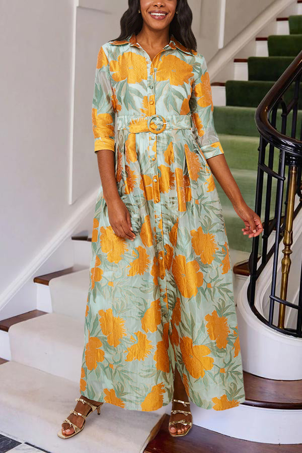 Romantic Floral Print Belted Shirt Dress