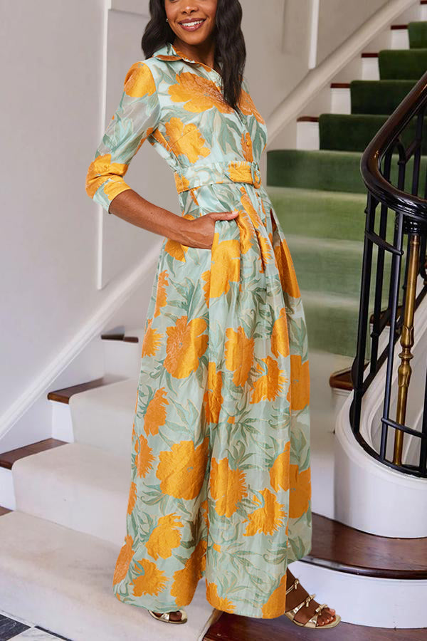 Romantic Floral Print Belted Shirt Dress