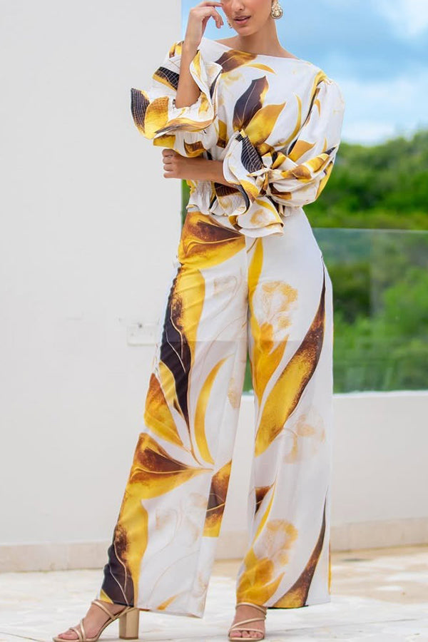 Elegant Flounce Sleeve Floral Print Top & Pants Set