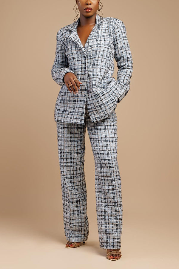 Stylish Plaid Lapel Neck Blazer & Pants Set