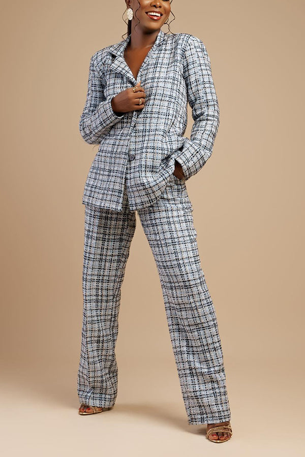 Stylish Plaid Lapel Neck Blazer & Pants Set
