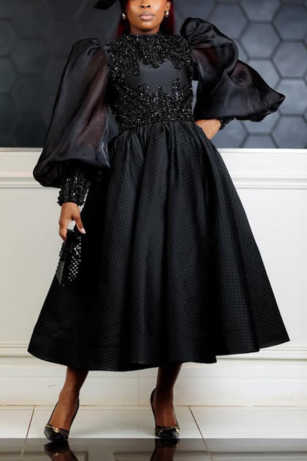 Chic Contrast Sequin Lantern Sleeve Dress